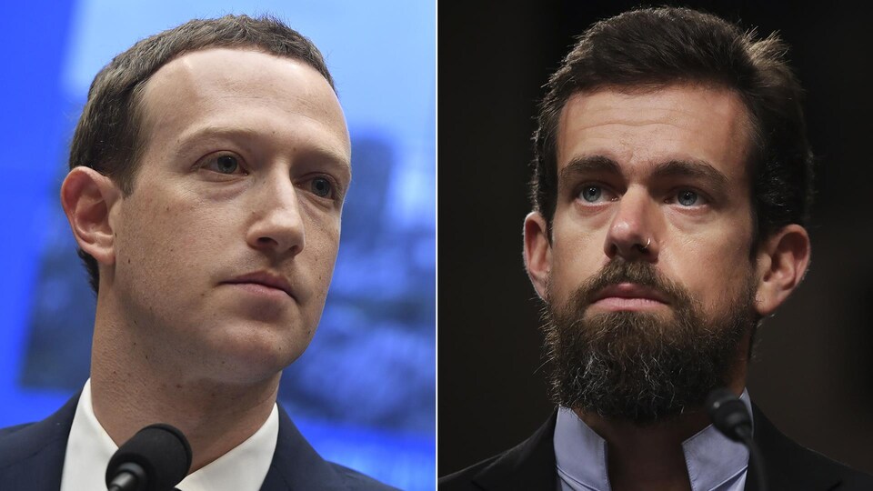 Un montage de deux photos. Celle de gauche montre Mark Zuckerberg et celle de droite montre Jack Dorsey.