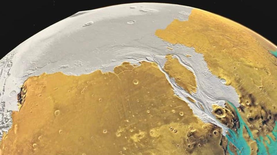Vallée glaciaire de Kasei, sur Mars, il y a trois milliards d’années (impression artistique).
