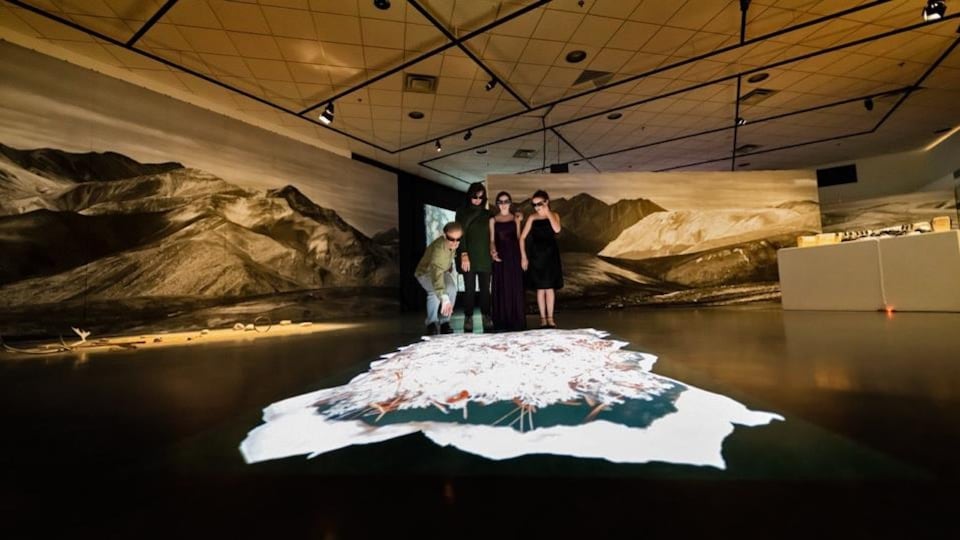 Quatre visiteurs observent avec des lunettes 3D un élément de l'exposition de Marten Berkman.