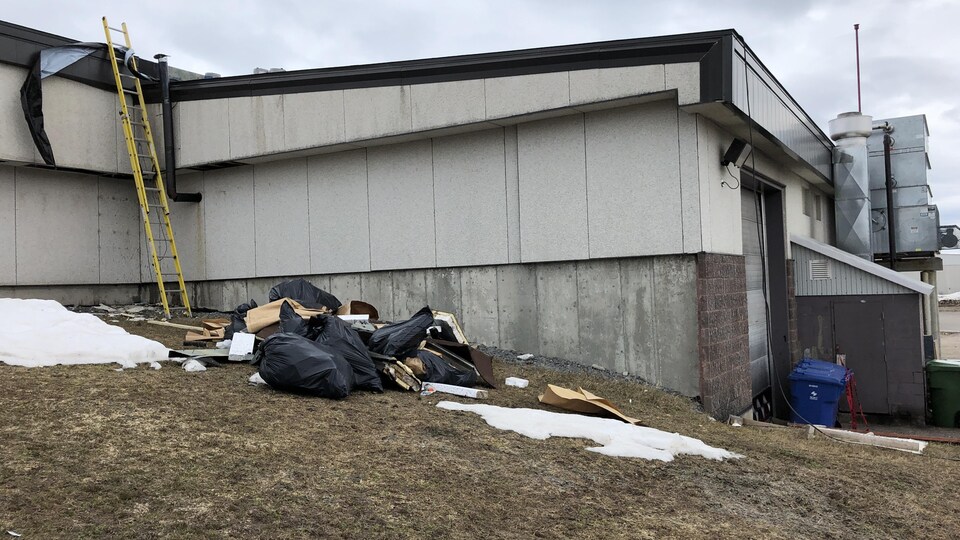 A ladder leans against the outside wall of an arena.