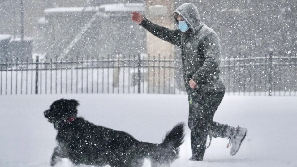 Un homme joue avec son chien sous la neige.