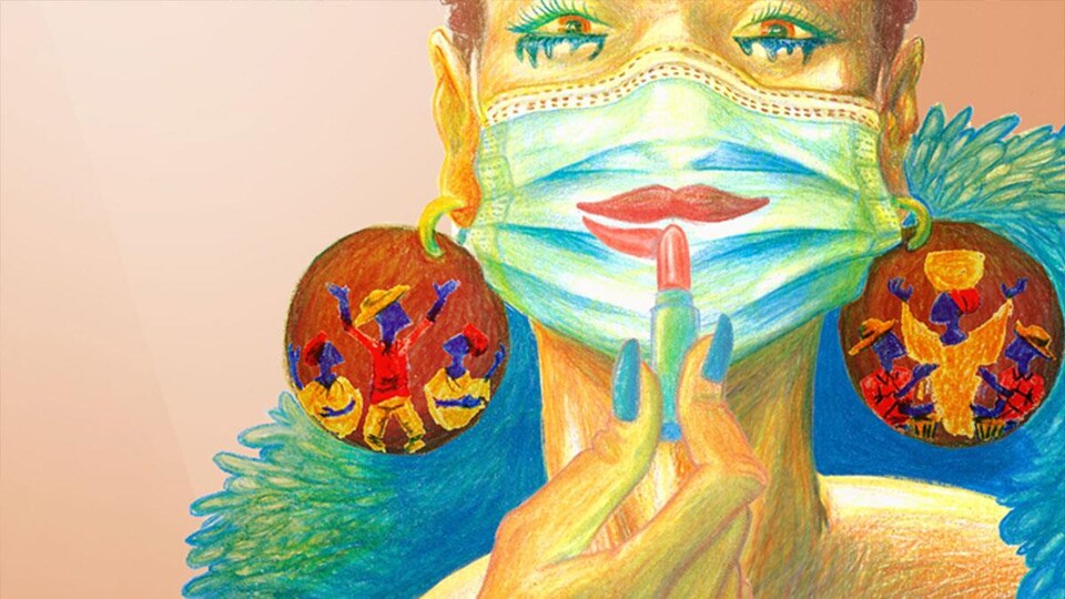 Un dessin d'une femme mettant du rouge à lèvre sur