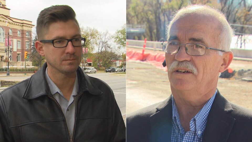 Un montage de deux portraits : à g., un homme plus jeune, devant l'ancien hôtel de ville de Saint-Boniface et à d., un homme plus âgé, devant un site de construction.