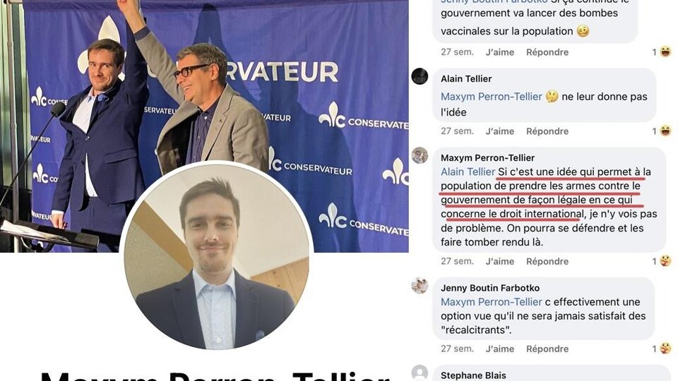 Une capture d'écran des déclarations de Maxym Perron-Tellier sur Facebook, accompagné d'une photo de lui avec Éric Duhaime.