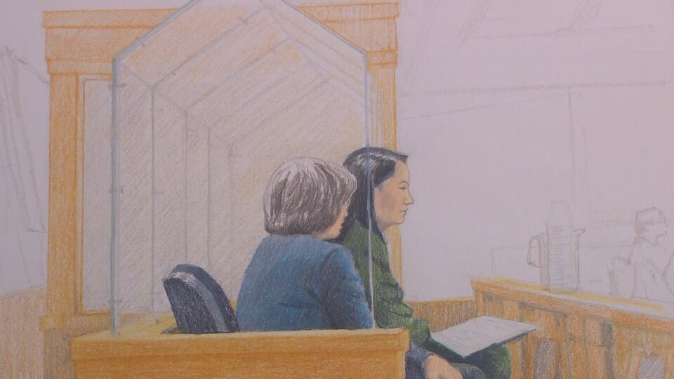 Un dessin de cour qui montre Meng Wanzhou de profil.