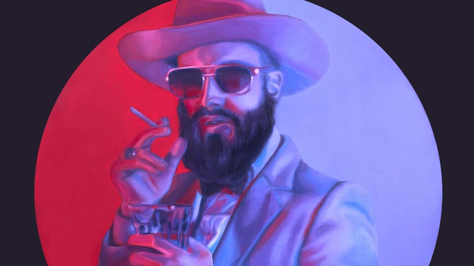 Peinture de Menoncle Jason, une cigarette et un verre de scotch à la main.