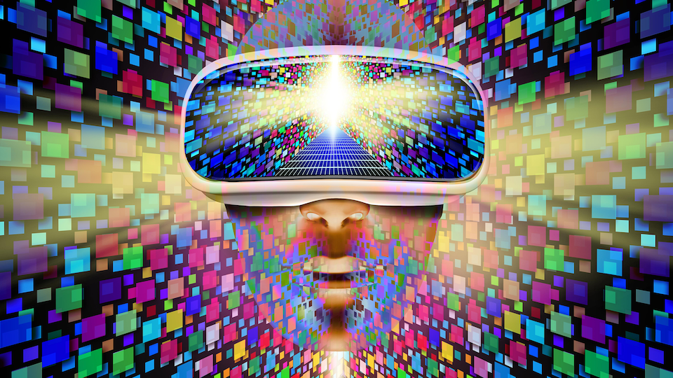 Une illustration d'une personne avec un casque de réalité virtuelle sur la tête, évoquant le métavers. 