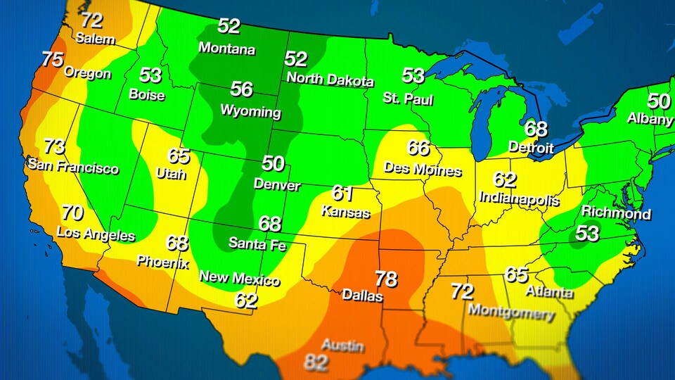 Une carte des États-Unis colorée avec des dégradés de couleur représentant des masses d'air de différentes températures.
