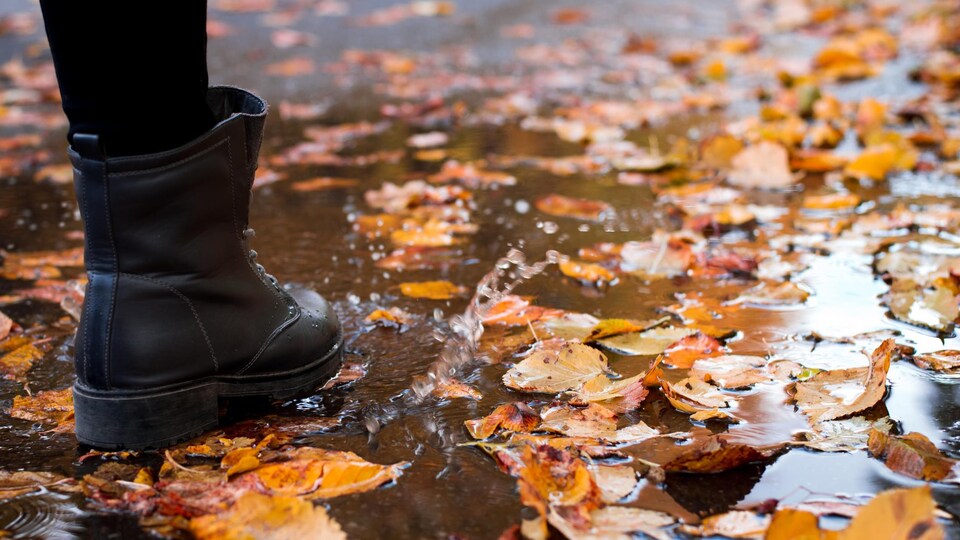 Gros plan de la botte en cuir noir d'une femme qui marche dans une rue pleine d'eau et de feuilles mortes.