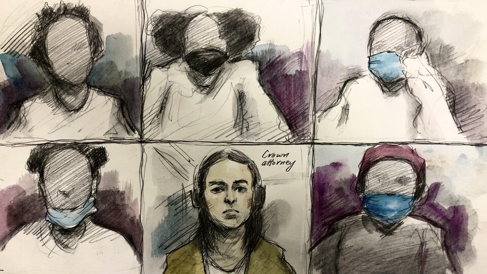 Illustration de cour de cinq des huit accusées du meurtre d'un homme de 59 ans qui ne peuvent être identifiées  et la procureure de la Couronne Sarah de Filipis.