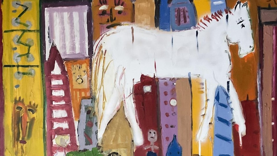 Une peinture représente un cheval dans une ville.