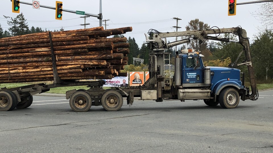 Un camion chargé de bois passe devant des pancartes électorales.