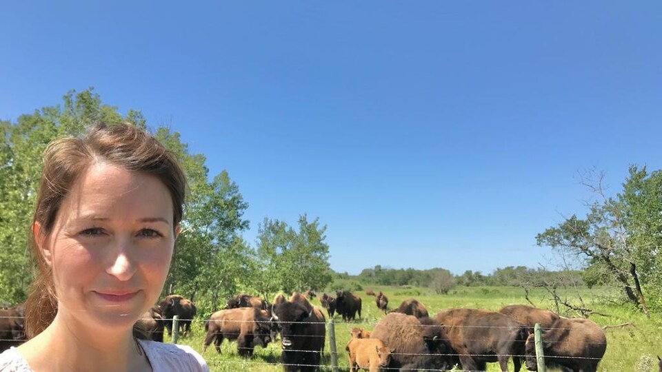 Michelle Gaudry devant des bisons sous un ciel bleu durant l'été.
