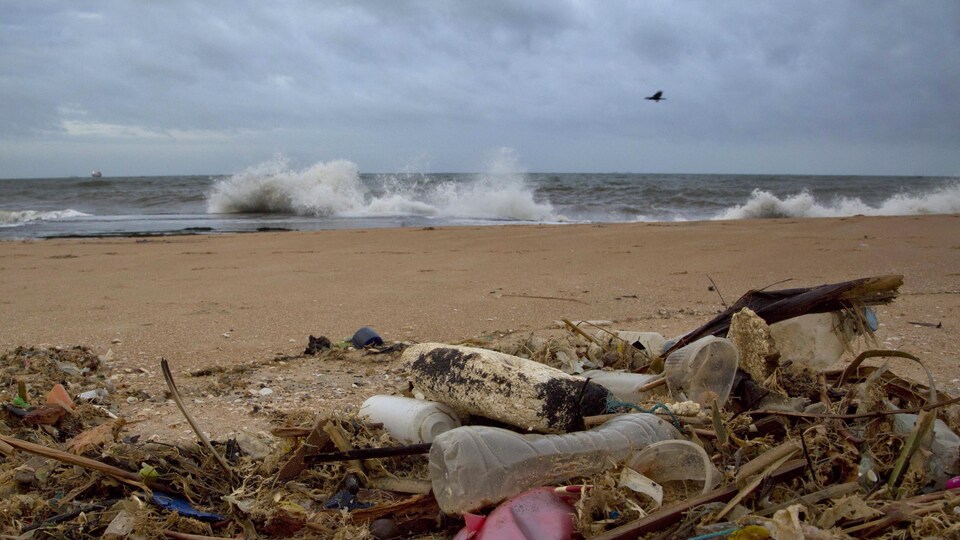 Des détritus en plastique sur une plage où la mer est agitée.