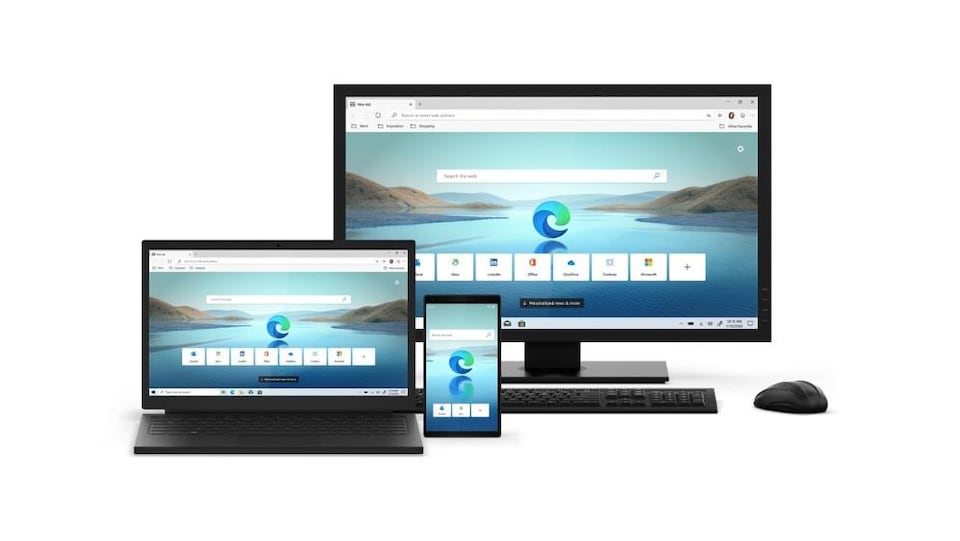 Un ordinateur portable, un ordinateur de bureau et un téléphone intelligent affichent une page web du navigateur Edge. 