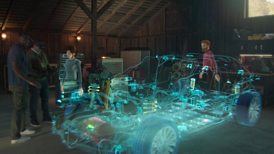 Des hologrammes de personnes sont autour de l'hologramme d'une voiture.