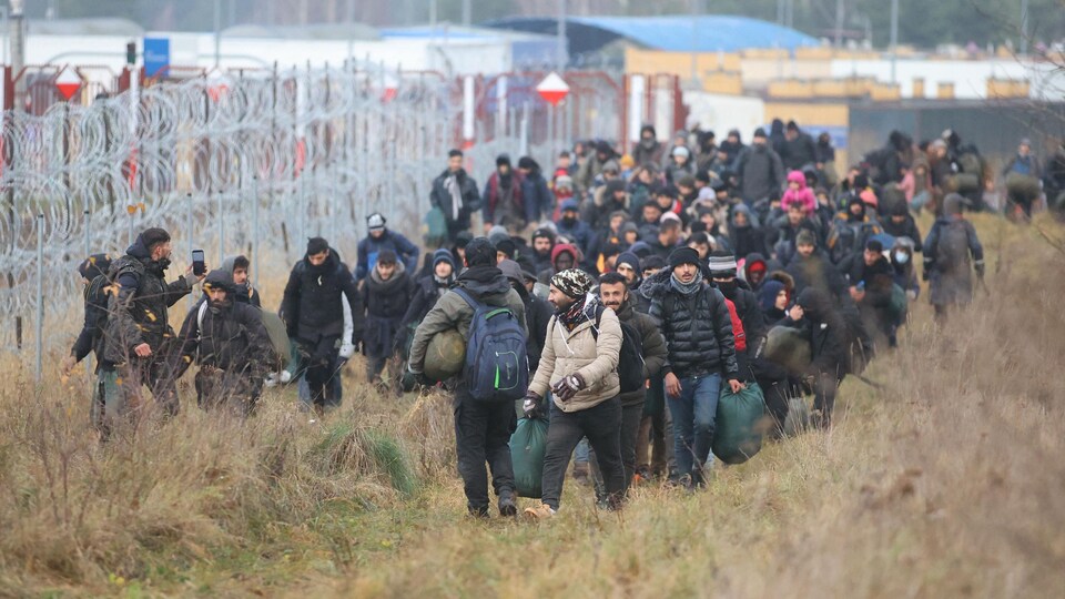 Un groupe de migrants se déplace le long de la frontière biélorusse polonaise.