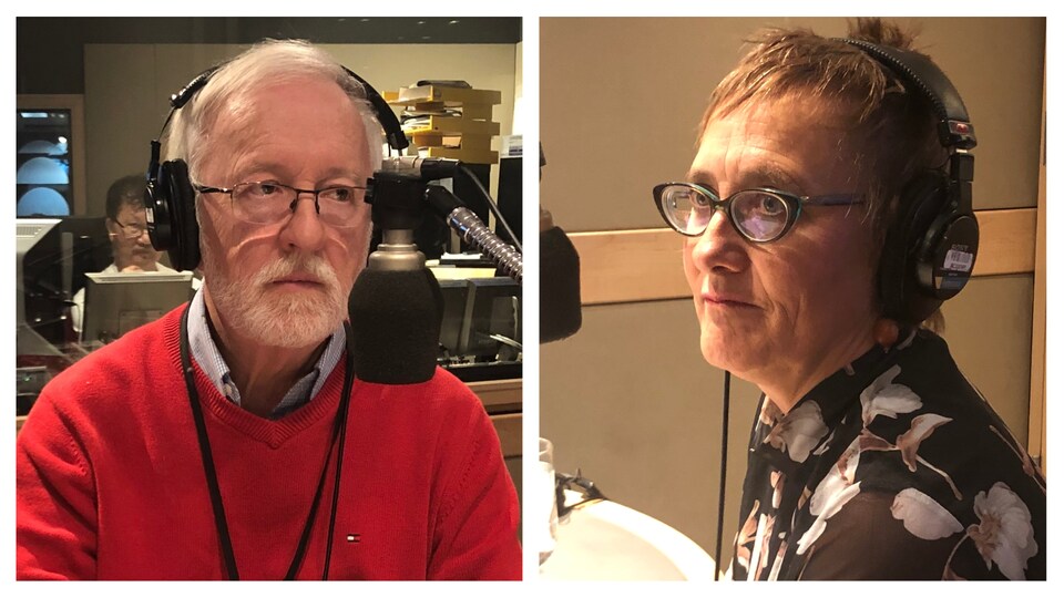 Loreen Pindera et Claude Gervais au micro de l'émission de radio <i>Midi info</i>.