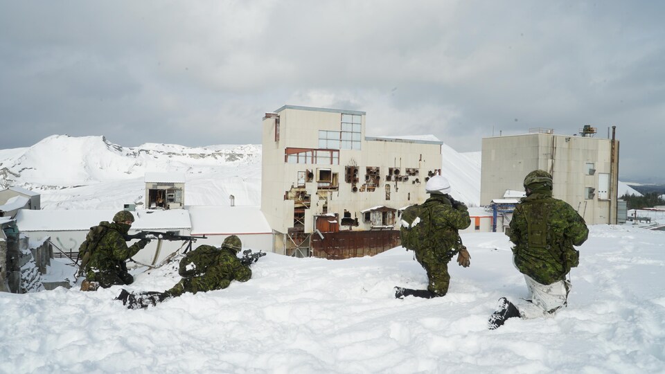 Quatre militaires se tiennent en retrait tout près d'une ancienne mine, arme à la main. 