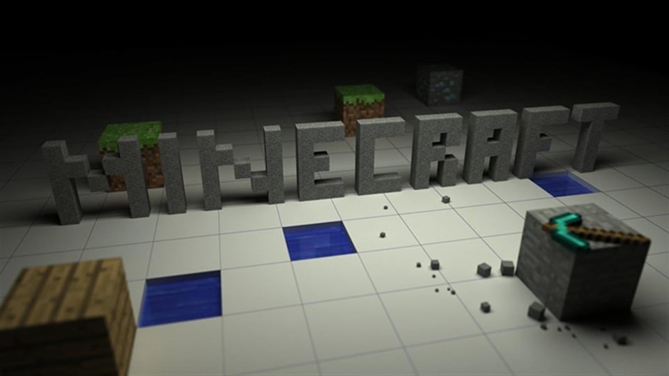 Les lettres de «Minecraft» écrites avec des blocs, comme des pixels. 