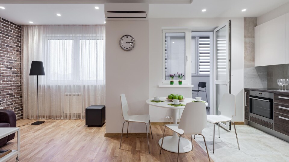 Cuisine et salon d'un appartement.