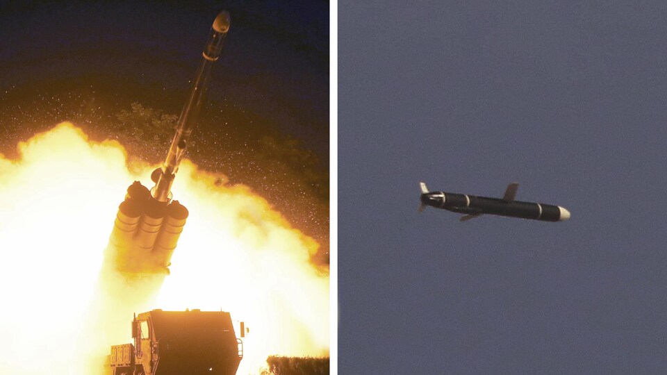On peut voir d'un côté le lancement d'un missile, de l'autre un missile dans les airs.