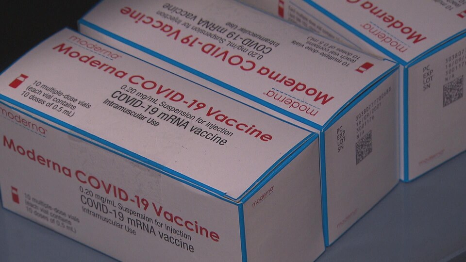 Des boîtes de vaccins Moderna.