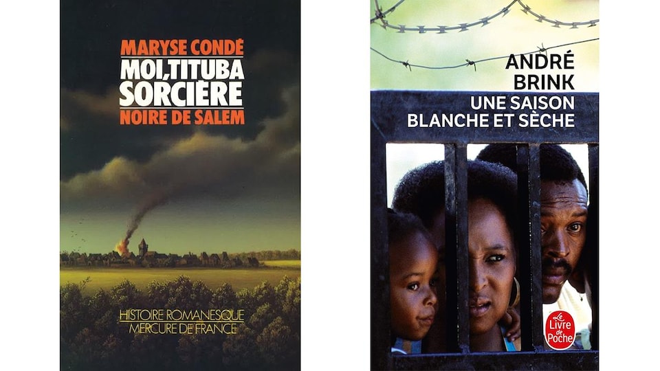 Sur la couverture du livre de gauche, un feu fait rage dans un village. Sur la couverture de droite, trois personnes de race noire se trouvent derrière des barreaux.