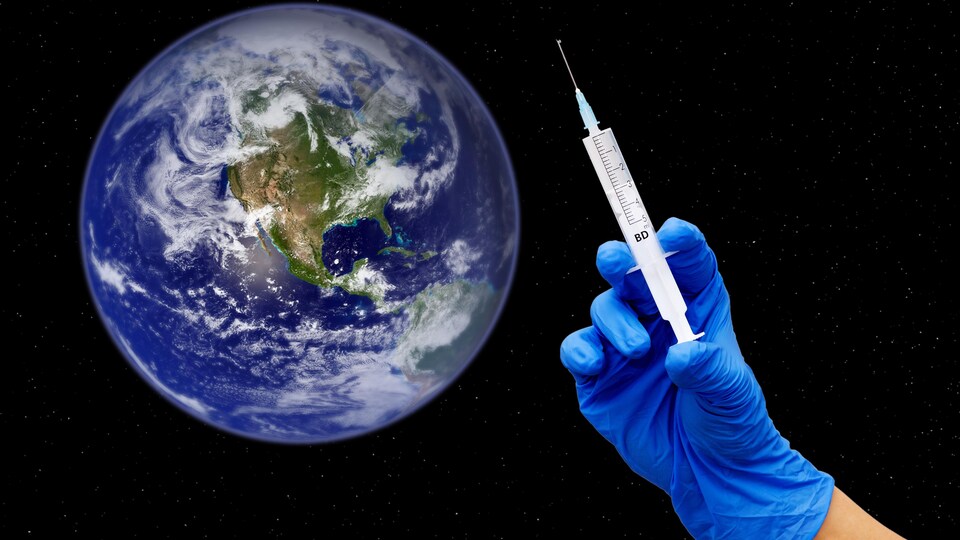 Montage montrant une main tenant un vaccin devant une photo de la Terre.
