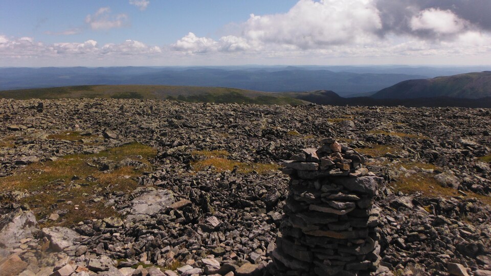 Vue sur le sommet avec des pierres. Un décor arctique. En arrière-plan : les montagnes du parc de la Gaspésie