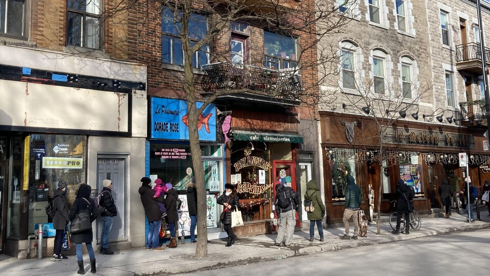 Des clients dans une longue file d'attente qui s'étire sur le trottoir de l'avenue du Mont-Royal.