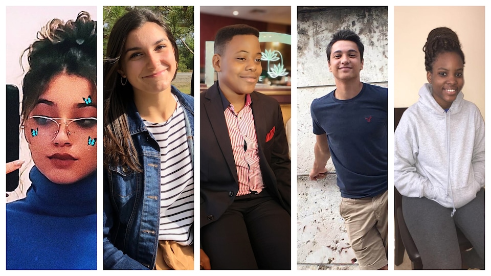 Montage de cinq photos de jeunes : trois filles et deux garçons.