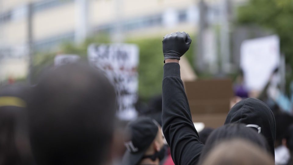 Un manifestant de dos avec le poing gauche levé et dans un gant noir.
