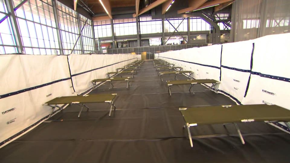 Des lits de camp alignés dans un gymnase où des panneaux ont été érigés pour former des cloisons.