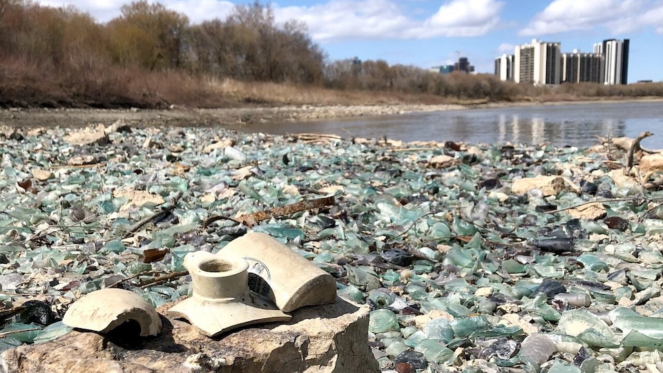 Des morceaux de verre et de céramique sur une plage.