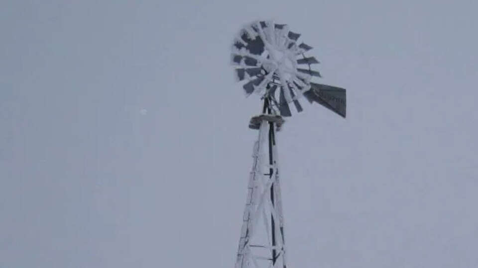 Un moulin à vent enneigé dans un champ.
