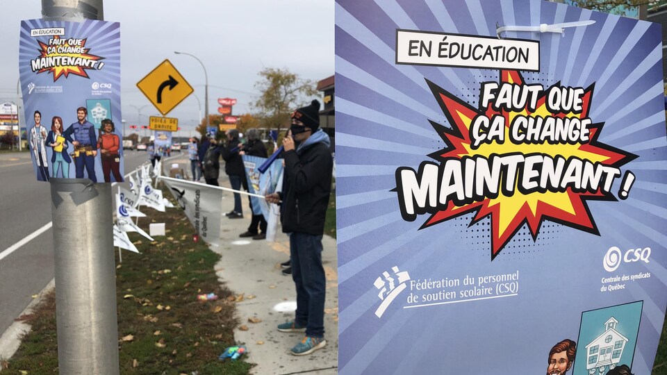 Des manifestants et une affiche sur laquelle on peut lire "faut que ça change maintenant".