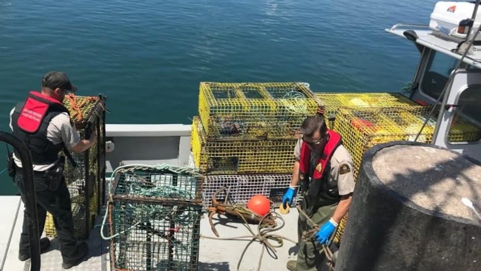 Deux agents examinent l'équipement de pêche à bord du bateau.
