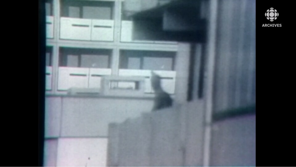 Homme cagoulé sur le balcon d'un immeuble.
