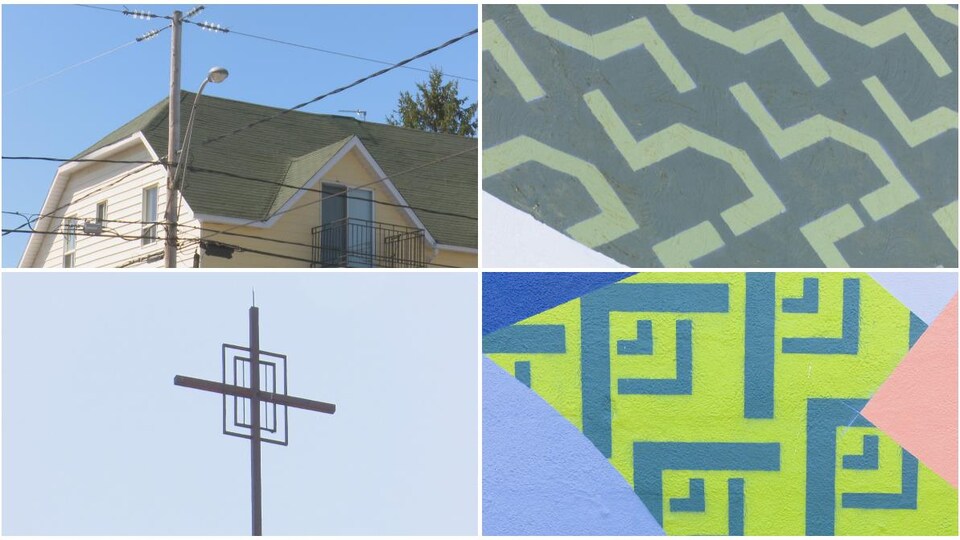 Un montage de quatres images. À droite, le toit d'une maison et une croix. À gauche, des portions de la murale qui rappellent ces éléments. 