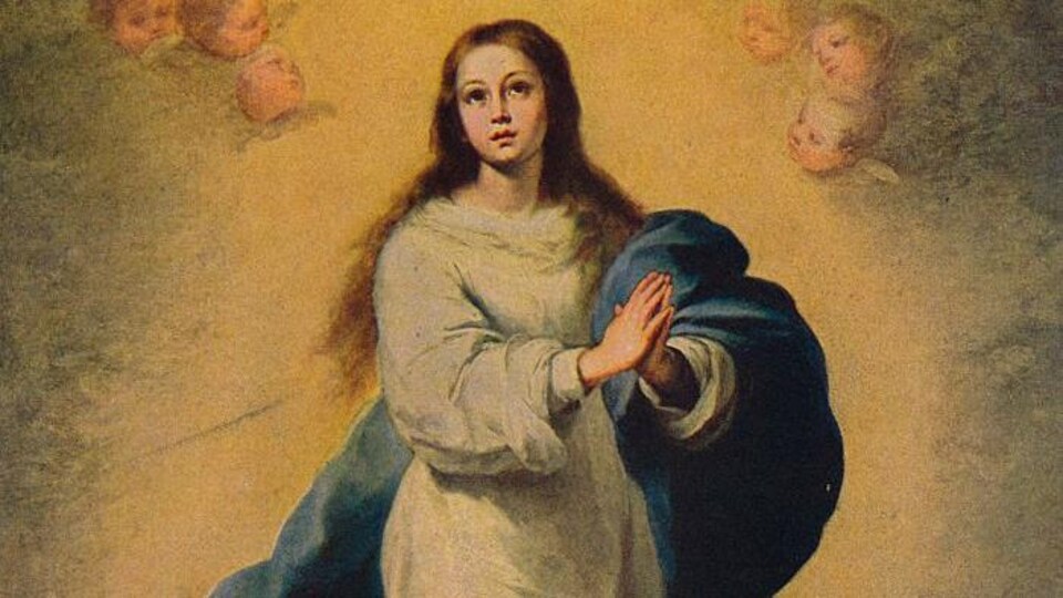 Une femme aux long cheveux blonds a les mains jointes et regarde vers le ciel.