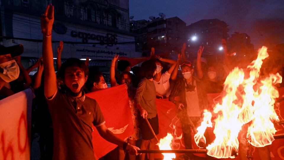 Des manifestants brûlent des drapeaux.