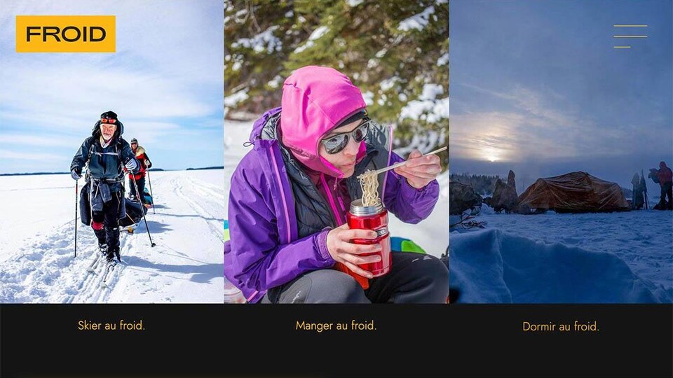 Photos de personnes qui font du ski de fond, qui mangent dehors en hiver et qui se montent une tente sur un terrain enneigé.
