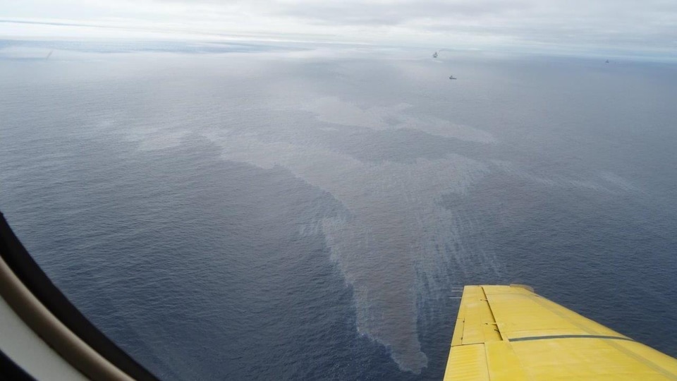 Deux nappes de pétrole sur la surface de l'océan, observées d'un avion.
