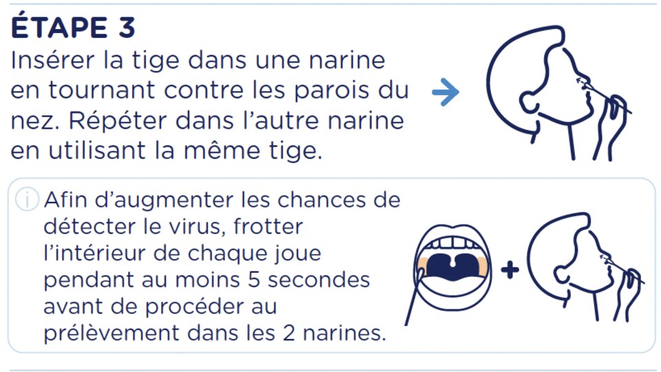 One picture shows where to apply the swab, which is on the back of the cheek and in the nostrils.