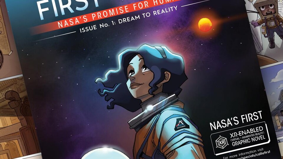 Une jeune femme astronaute sur la couverture d'une bande dessinée avec un robot. 
