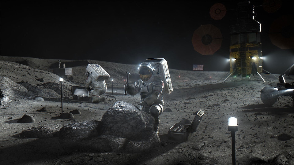 Illustration artistique d'un astronaute travaillant à la surface de la Lune.
