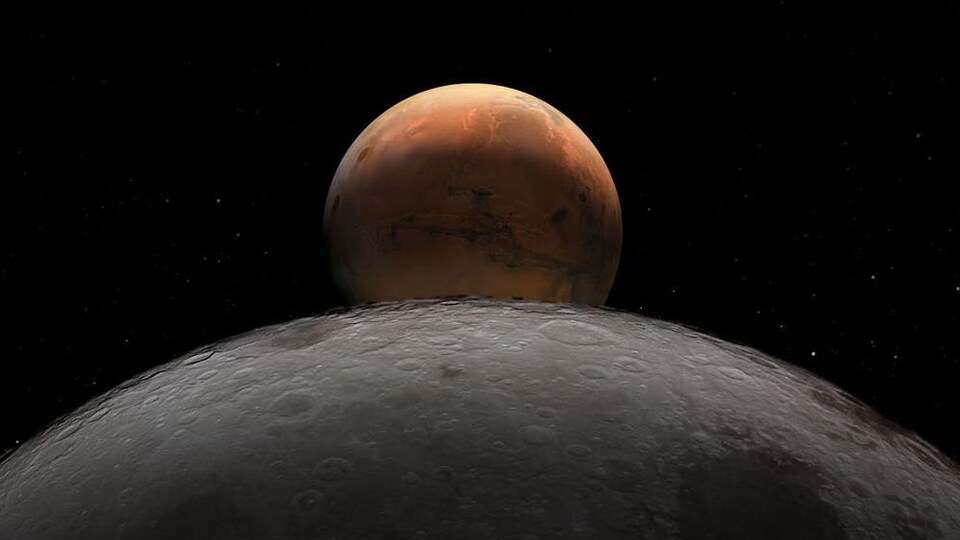 Illustration artistique montrant la surface de la Lune et la planète Mars en arrière-plan.