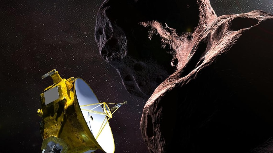 Représentation artistique de la sonde New Horizons dans le voisinage de l'astéroöde Ultima Thule.
