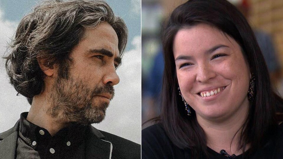En mortaise, Patrick Watson à gauche, regarde hors champ, et Natasha Kanape Fontaine, à droite, sourit.